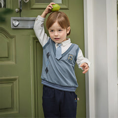 Dave&Bella Toddler Boys Blue Long Sleeve Gentlemen Fake-two-piece Top Pant Suits