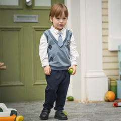 Dave&Bella Toddler Boys Blue Long Sleeve Gentlemen Fake-two-piece Top Pant Suits