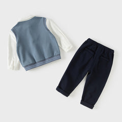 Dave&Bella Toddler Boys Blue Long Sleeve Gentlemen Fake-two-piece Top Pant Suits