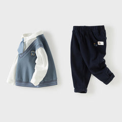 Dave&Bella Toddler Boys Blue Long Sleeve Gentlemen Fake-two-piece Top Pant Suits