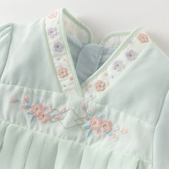 Dave&Bella Toddler Girls Classic Green Chinese-style Flower Embroidery Mesh Dress