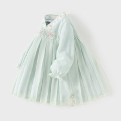 Dave&Bella Toddler Girls Classic Green Chinese-style Flower Embroidery Mesh Dress