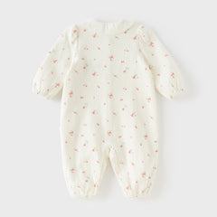 Dave&Bella Baby Girls Beige Bow Print Doll Collar Breathable Cotton Soft Rompers