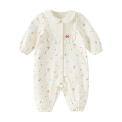 Dave&Bella Baby Girls Beige Bow Print Doll Collar Breathable Cotton Soft Rompers