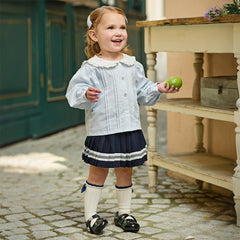 Dave&Bella Toddler Girls Light Blue Doll Collar Long Sleeve College-style Top Skirt Suits