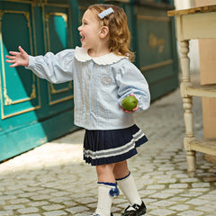 Dave&Bella Toddler Girls Light Blue Doll Collar Long Sleeve College-style Top Skirt Suits