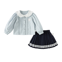 Dave&Bella Toddler Girls Light Blue Doll Collar Long Sleeve College-style Top Skirt Suits