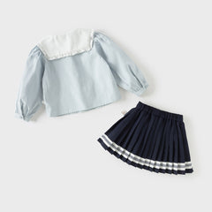 Dave&Bella Toddler Girls Light Blue Doll Collar Long Sleeve College-style Top Skirt Suits