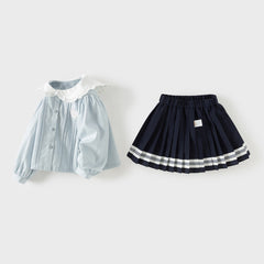 Dave&Bella Toddler Girls Light Blue Doll Collar Long Sleeve College-style Top Skirt Suits