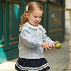 Dave&Bella Toddler Girls Light Blue Doll Collar Long Sleeve College-style Top Skirt Suits