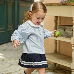 Dave&Bella Toddler Girls Light Blue Doll Collar Long Sleeve College-style Top Skirt Suits