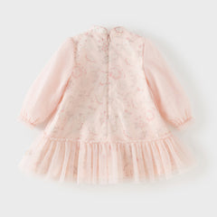 Dave&Bella Toddler Girls Chinese-style Pink Floral Print Turtle Mesh Birthday Dress