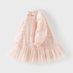 Dave&Bella Toddler Girls Chinese-style Pink Floral Print Turtle Mesh Birthday Dress