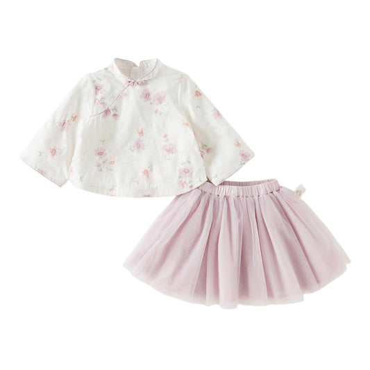 Dave&Bella Toddler Girls Purple Pink Floral Print Chinese-style Turtle Top Mesh Skirt Suits