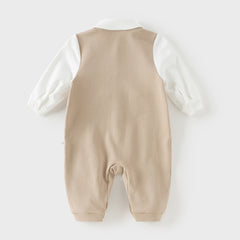 Dave&Bella Baby Boys Khaki Bow Tie Long Sleeve Cotton Fake-two-piece Rompers