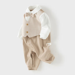 Dave&Bella Baby Boys Khaki Bow Tie Long Sleeve Cotton Fake-two-piece Rompers