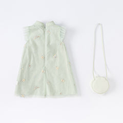 Dave&Bella Kids Girls Summer Grey Green Floral Sleeveless A-line Dress(wallet bag)