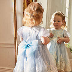 Dave&Bella Kids Girls Summer Elegant Blue Mesh Embroidery Lace Hem Princess Dress