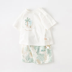 Dave&Bella Summer Toddler Boys Leaf Print White Two-Piece Sets