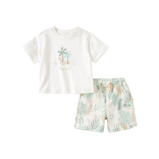 Dave&Bella Summer Toddler Boys Leaf Print White Two-Piece Sets