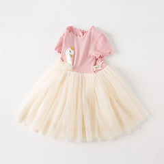 Dave&Bella Kids Girls Summer Swan Print Pink Mesh Birthday Party A-line Dress