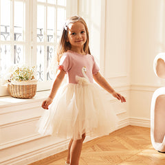 Dave&Bella Kids Girls Summer Swan Print Pink Mesh Birthday Party A-line Dress