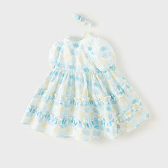 Dave&Bella Girls Summer Cotton Sweet Blue Bubble Sleeve Princess Dress