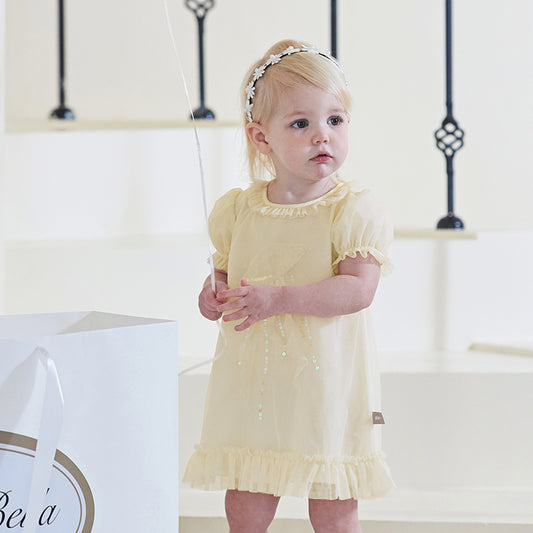 Dave&Bella Toddler Girls Summer Moonlight Yellow Mesh Noble Elegant Princess Dress