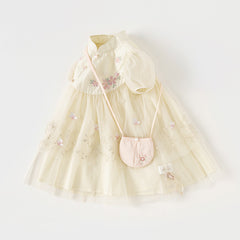 Dave&Bella Toddler Girls Summer Flower Embroidery Chinese-style Mesh Dress(wallet bag)