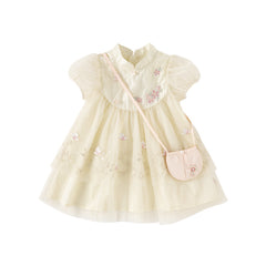 Dave&Bella Toddler Girls Summer Flower Embroidery Chinese-style Mesh Dress(wallet bag)