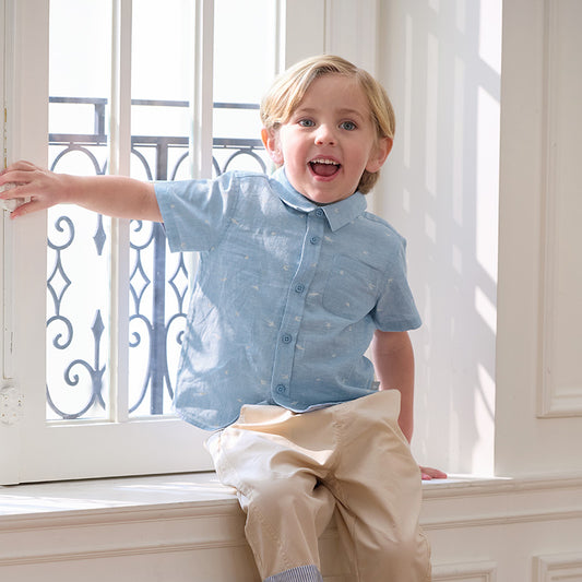 Dave&Bella Toddler Boys Summer Grey Blue Linen Thin Shirt