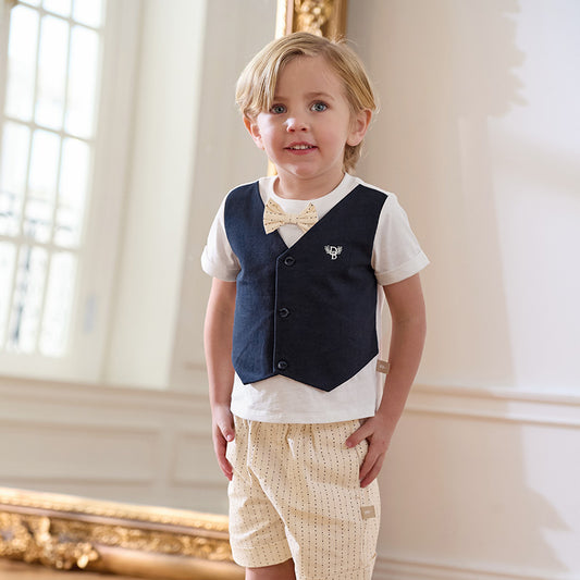 Dave&Bella Toddler Boys Summer Pure Cotton Fake-two-piece T-shirt Shorts Sets