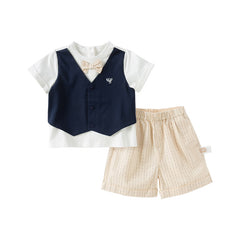 Dave&Bella Toddler Boys Summer Pure Cotton Fake-two-piece T-shirt Shorts Sets