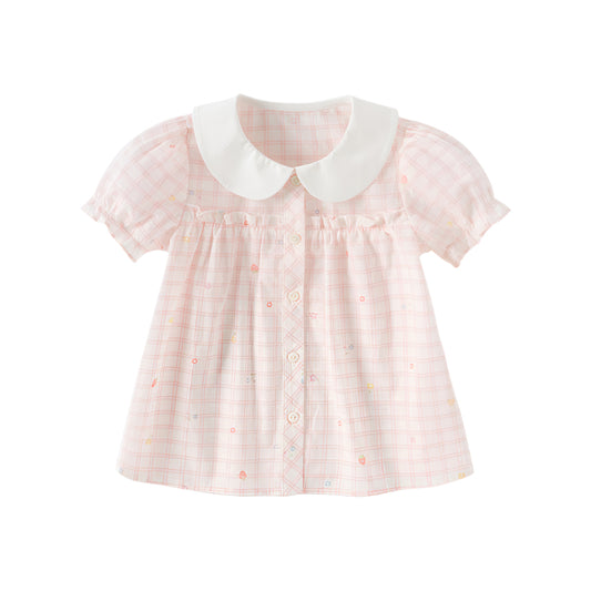 Dave&Bella Toddler Girls Summer Cotton Pink White Plaid Leisure T-shirts