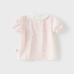 Dave&Bella Toddler Girls Summer Cotton Pink White Plaid Leisure T-shirts
