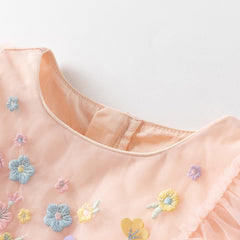 Dave&Bella Girls Summer Flowers Embroidery Flutter Sleeve Pink Mesh Dress
