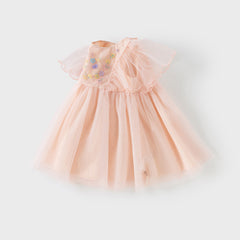 Dave&Bella Girls Summer Flowers Embroidery Flutter Sleeve Pink Mesh Dress