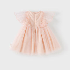 Dave&Bella Girls Summer Flowers Embroidery Flutter Sleeve Pink Mesh Dress