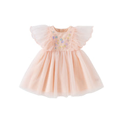Dave&Bella Girls Summer Flowers Embroidery Flutter Sleeve Pink Mesh Dress