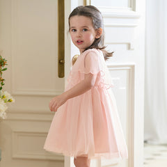 Dave&Bella Girls Summer Flowers Embroidery Flutter Sleeve Pink Mesh Dress