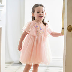 Dave&Bella Girls Summer Flowers Embroidery Flutter Sleeve Pink Mesh Dress