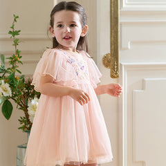 Dave&Bella Girls Summer Flowers Embroidery Flutter Sleeve Pink Mesh Dress