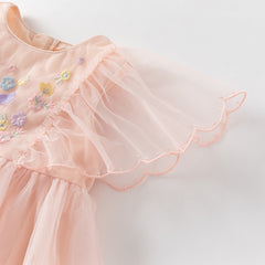Dave&Bella Girls Summer Flowers Embroidery Flutter Sleeve Pink Mesh Dress