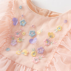 Dave&Bella Girls Summer Flowers Embroidery Flutter Sleeve Pink Mesh Dress