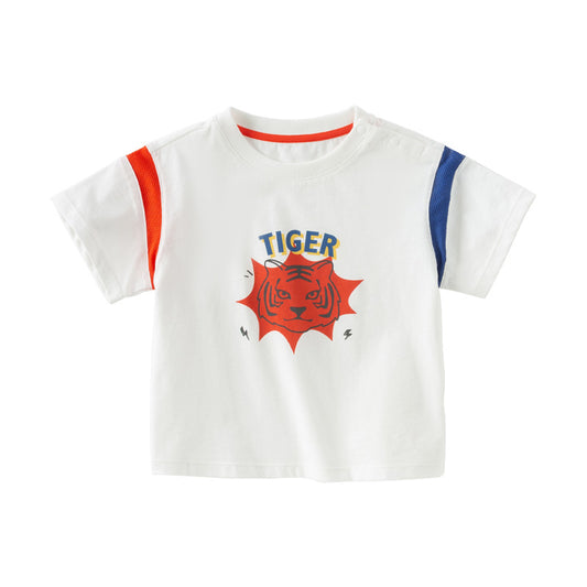 Dave&Bella Toddler Boys Summer Playful Tiger Print Soft Cotton T-shirt Tops