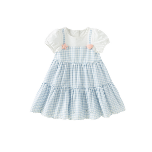 Dave&Bella Girls Summer Cute Cotton Blue White Plaid Party Dress
