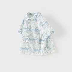 Dave&Bella Toddler Boys Summer White Print Comfortable Cotton Formal Shirt Tops