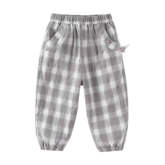 Dave&Bella Toddler Boys Summer Casual Grey White Plaid Breathable Cotton Loose Pants