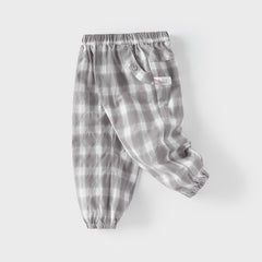Dave&Bella Toddler Boys Summer Casual Grey White Plaid Breathable Cotton Loose Pants