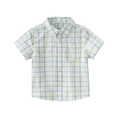 Dave&Bella Toddler Boys Summer Formal Blue Green Plaid College-style Cotton Shirt Tops